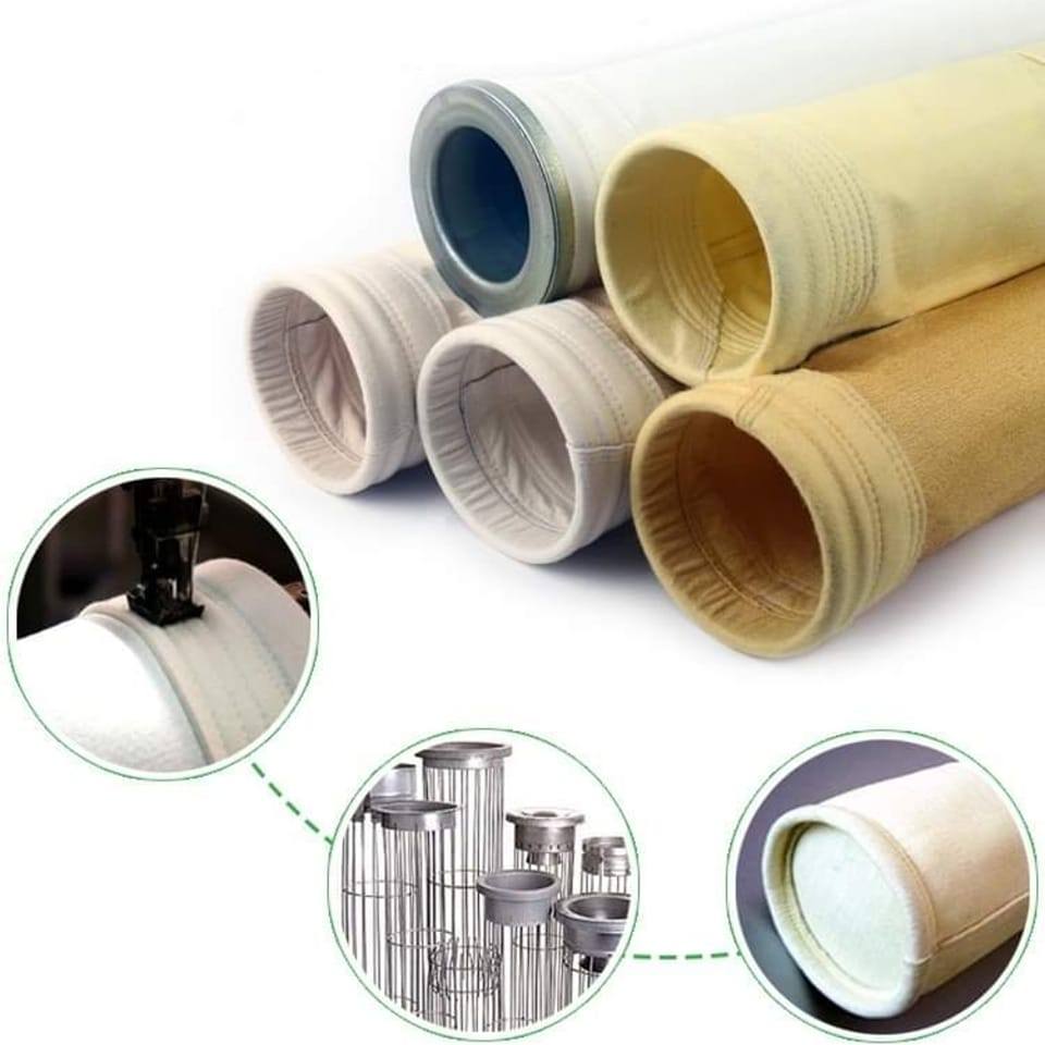 Industrial filter bag product examples with ring and seam details.